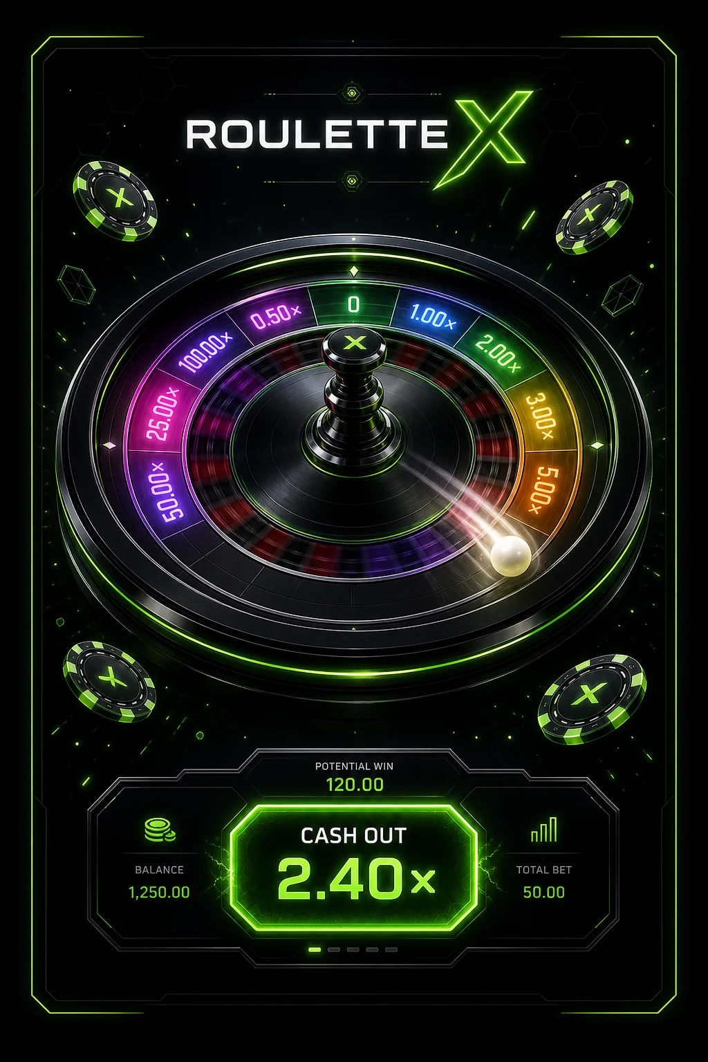 Roulette X screenshot - wheel and rising multiplier at x3.24 with cash-out button